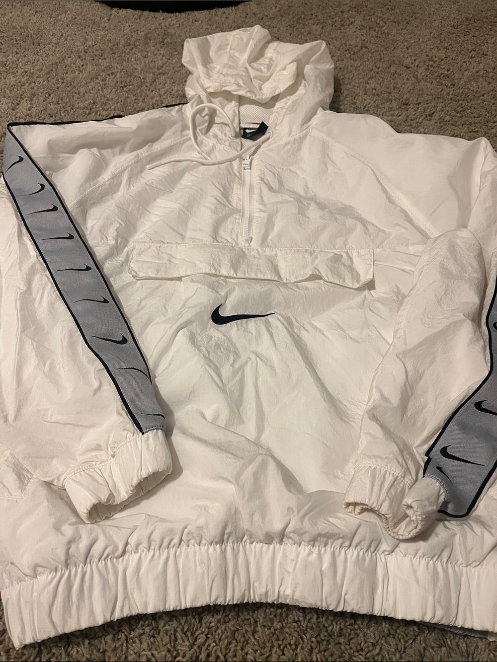 Nike White Pullover Windbreaker with Light Gray Sleeve Stripes CD0419-100